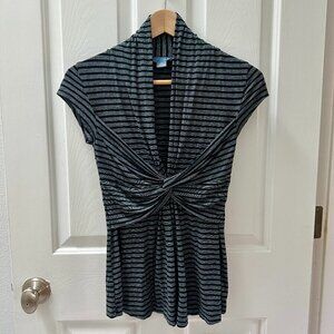 Anthropologie Lil-Black and Grey Top Striped Front Knot Twist-Size XS
